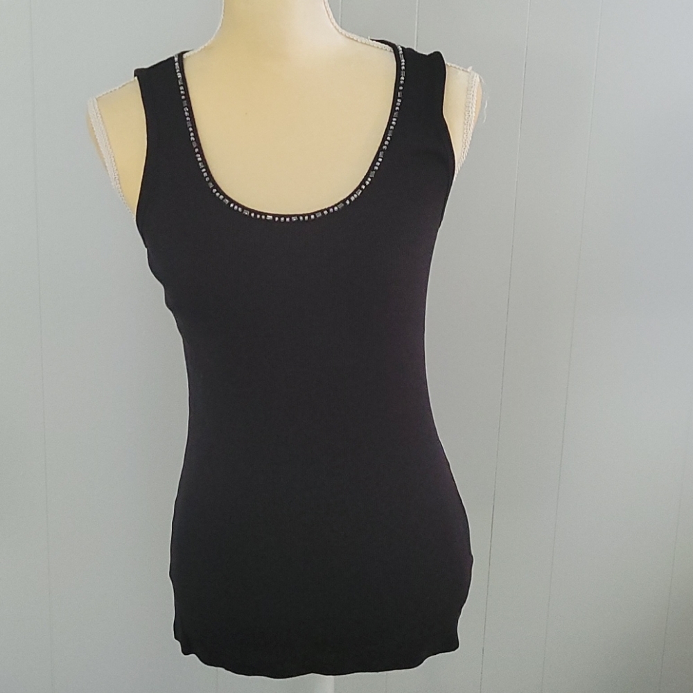 Sleeveless Black Bejeweled Neckline Stretch Tank